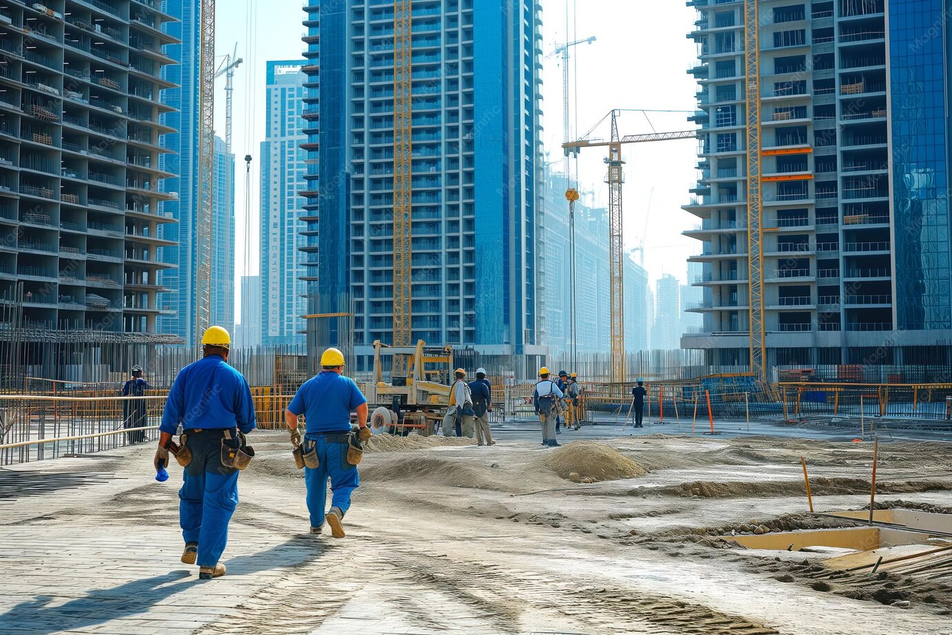 کارگران ساختمانی در سایت پروژه بلندمرتبه برای برنامهریزی دقیق